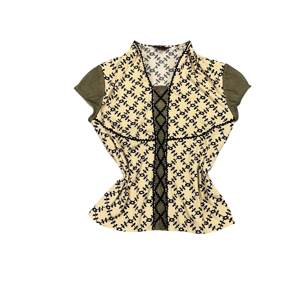 I'VE Womens Geometric Print Cap Sleeve Top Beige and black Mesh Size Medium